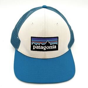 Patagonia P-6 Logo Trucker Hat Snapback Mesh Adjustable White Light Blue Cap